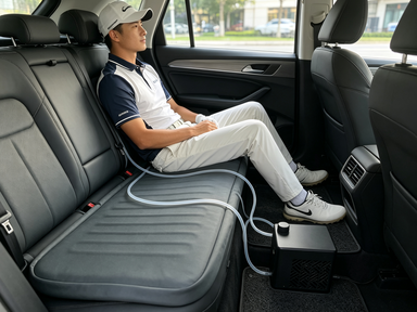 Soft structured golf heating pad compatible with golf cart seats offering temperature adjustment for enhanced player comfort