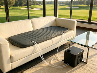 Soft structured golf heating pad compatible with golf cart seats offering temperature adjustment for enhanced player comfort
