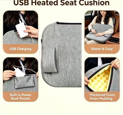 Graphene USB Heated Seat Cushion, Linen Cotton Heating Chair Pad with Built‑in Power Bank Pocket, 3‑Speed Temperature Adjustment, 3cm Thick Foam 45×45cm Portable Warm Seat Cushion for Car Home Office