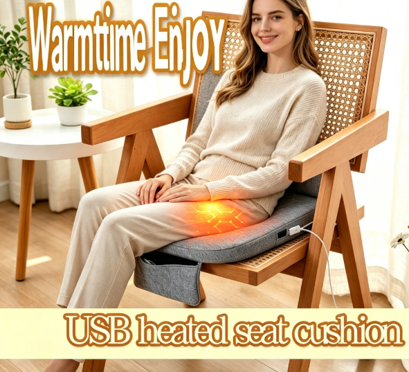 Graphene USB Heated Seat Cushion, Linen Cotton Heating Chair Pad with Built‑in Power Bank Pocket, 3‑Speed Temperature Adjustment, 3cm Thick Foam 45×45cm Portable Warm Seat Cushion for Car Home Office