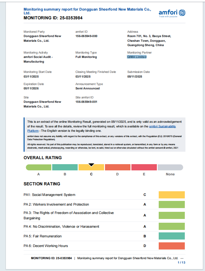 চীন Dongguan Sheerfond New Materials Co., Ltd. সার্টিফিকেশন